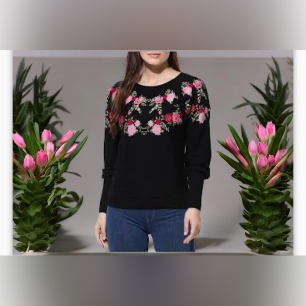 VTG WoolBlend Black Long Sleeve Knit Sweater W/Multi-Floral Embroidery-EUC Sz S - Picture 2 of 16